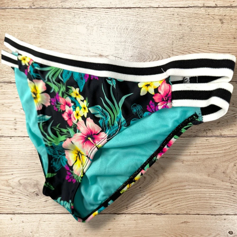 XHILARATION High Neck Halter Bikini Set Black Floral Tropical‎ Print Womens L